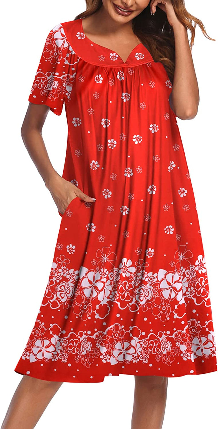 Women'S Nightgown Short Sleeve Lounger House Dress-Casual Pleated Patio Dress with Pockets