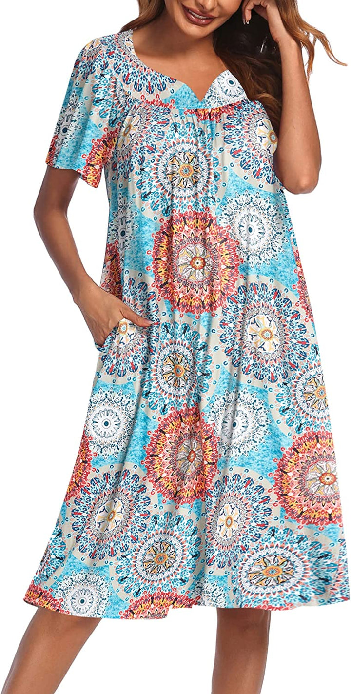 Women'S Nightgown Short Sleeve Lounger House Dress-Casual Pleated Patio Dress with Pockets
