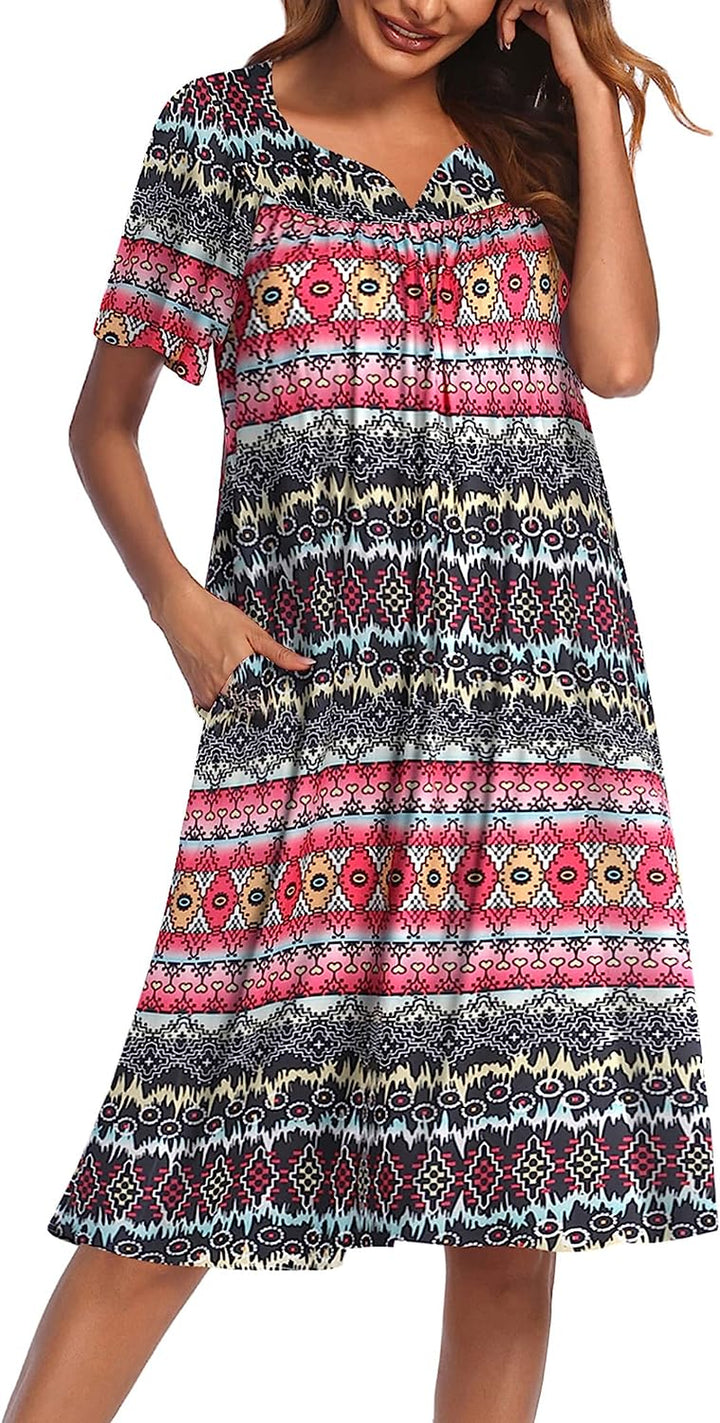 Women'S Nightgown Short Sleeve Lounger House Dress-Casual Pleated Patio Dress with Pockets