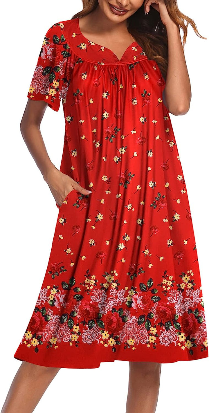 Women'S Nightgown Short Sleeve Lounger House Dress-Casual Pleated Patio Dress with Pockets