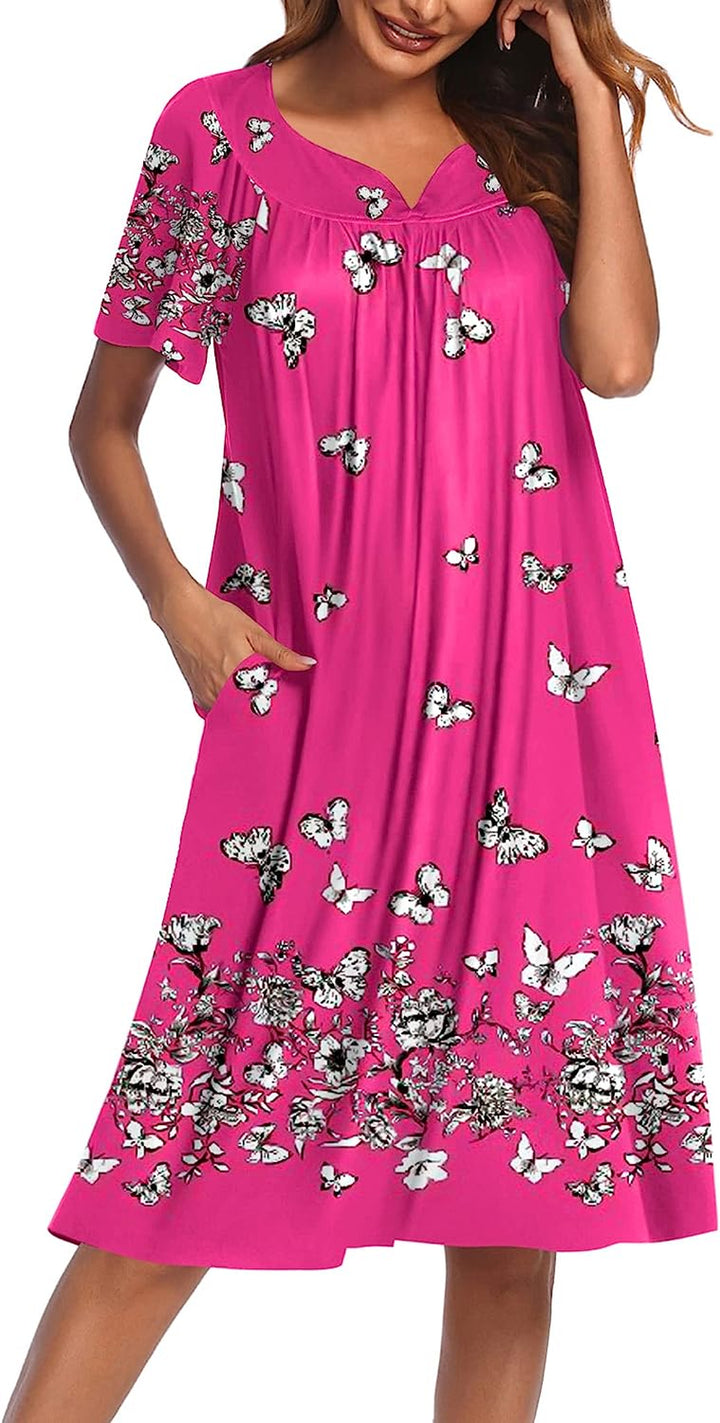 Women'S Nightgown Short Sleeve Lounger House Dress-Casual Pleated Patio Dress with Pockets