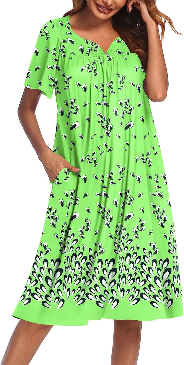 Women'S Nightgown Short Sleeve Lounger House Dress-Casual Pleated Patio Dress with Pockets