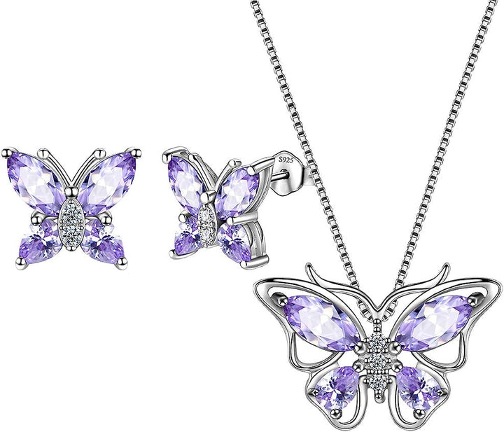 Purple Butterfly Pendant Necklace, Earrings, Ring, Bracelet Set