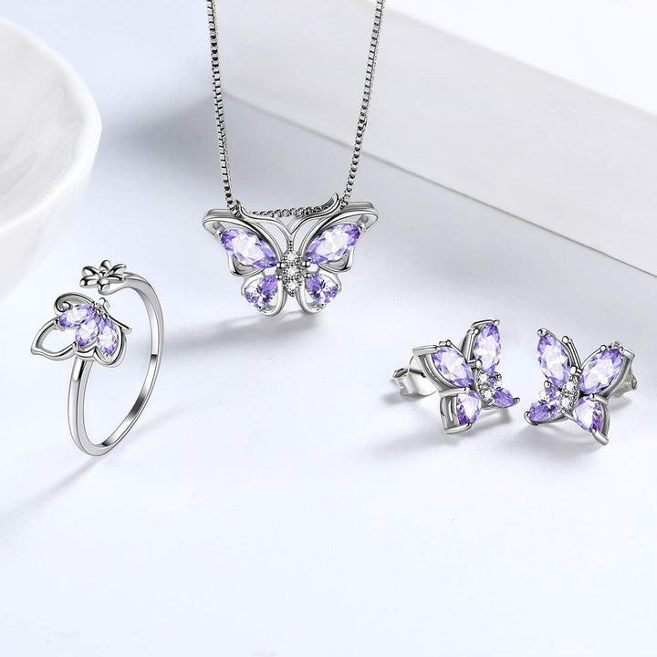 Purple Butterfly Pendant Necklace, Earrings, Ring, Bracelet Set