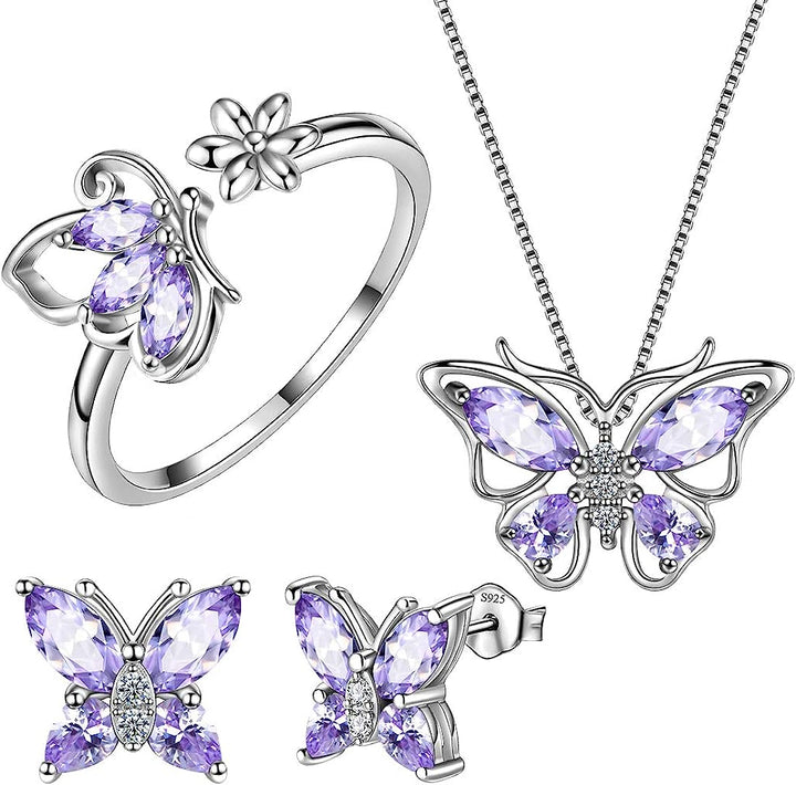Purple Butterfly Pendant Necklace, Earrings, Ring, Bracelet Set