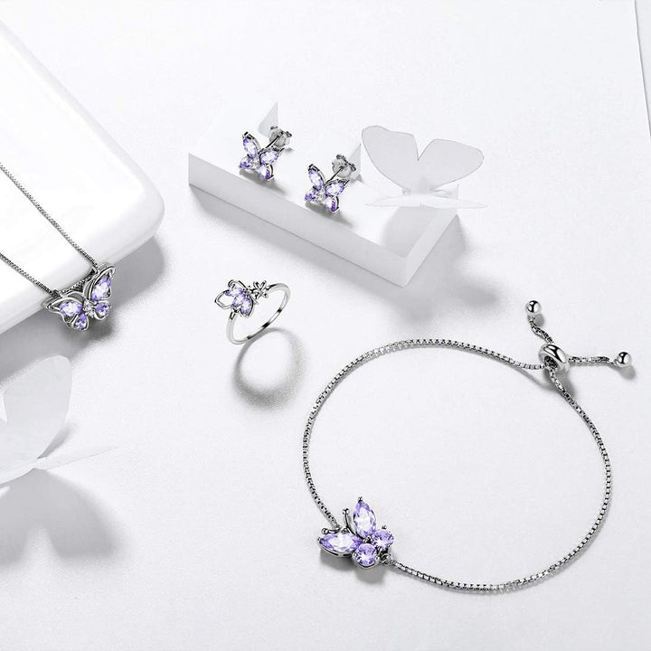 Purple Butterfly Pendant Necklace, Earrings, Ring, Bracelet Set
