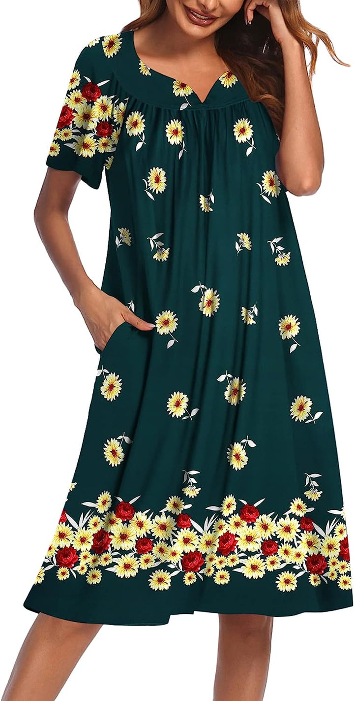 Women'S Nightgown Short Sleeve Lounger House Dress-Casual Pleated Patio Dress with Pockets