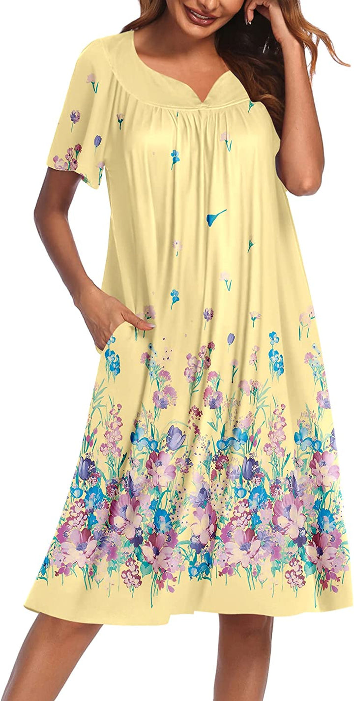 Women'S Nightgown Short Sleeve Lounger House Dress-Casual Pleated Patio Dress with Pockets