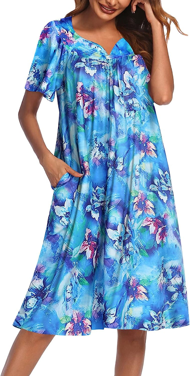 Women'S Nightgown Short Sleeve Lounger House Dress-Casual Pleated Patio Dress with Pockets