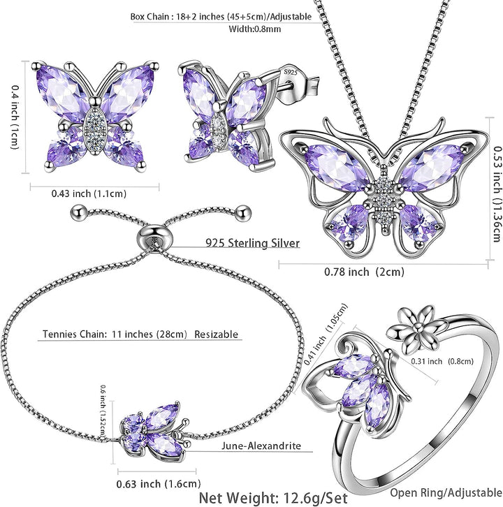 Purple Butterfly Pendant Necklace, Earrings, Ring, Bracelet Set