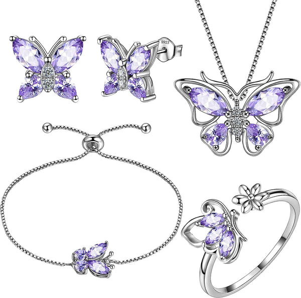 Purple Butterfly Pendant Necklace, Earrings, Ring, Bracelet Set