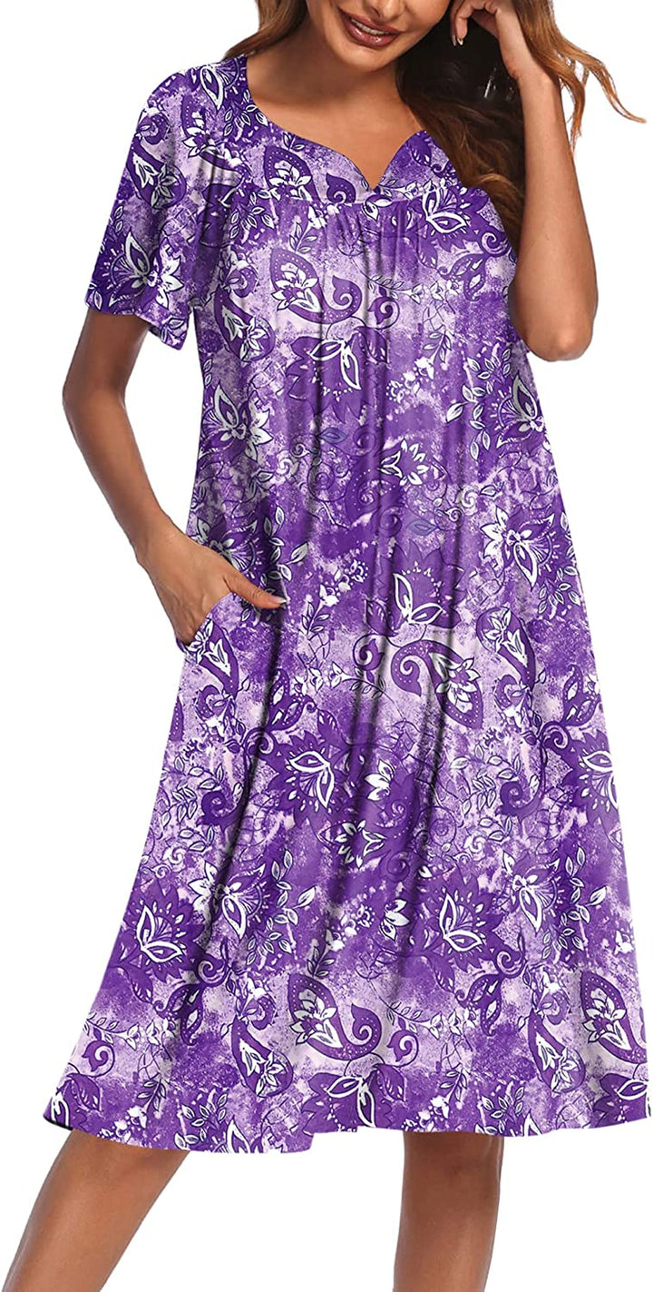 Women'S Nightgown Short Sleeve Lounger House Dress-Casual Pleated Patio Dress with Pockets