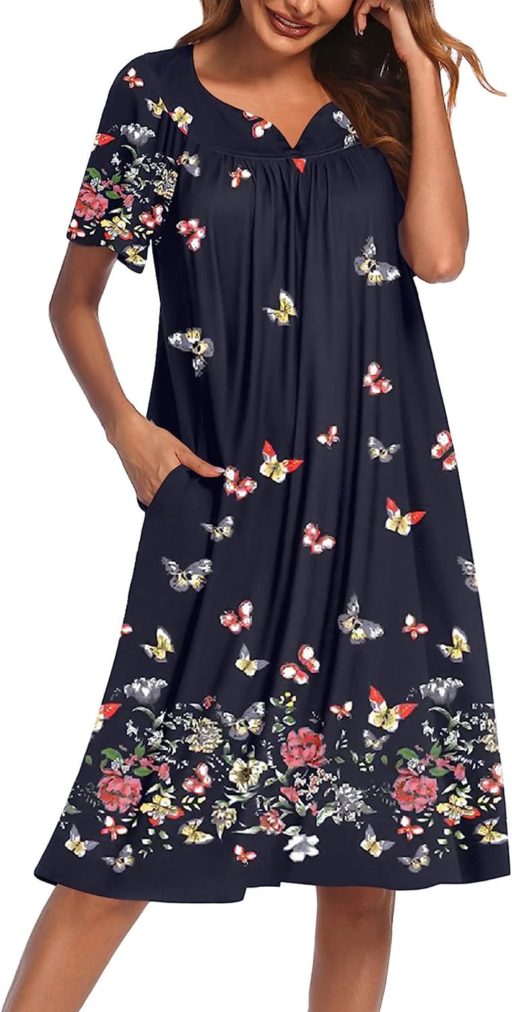 Women'S Nightgown Short Sleeve Lounger House Dress-Casual Pleated Patio Dress with Pockets