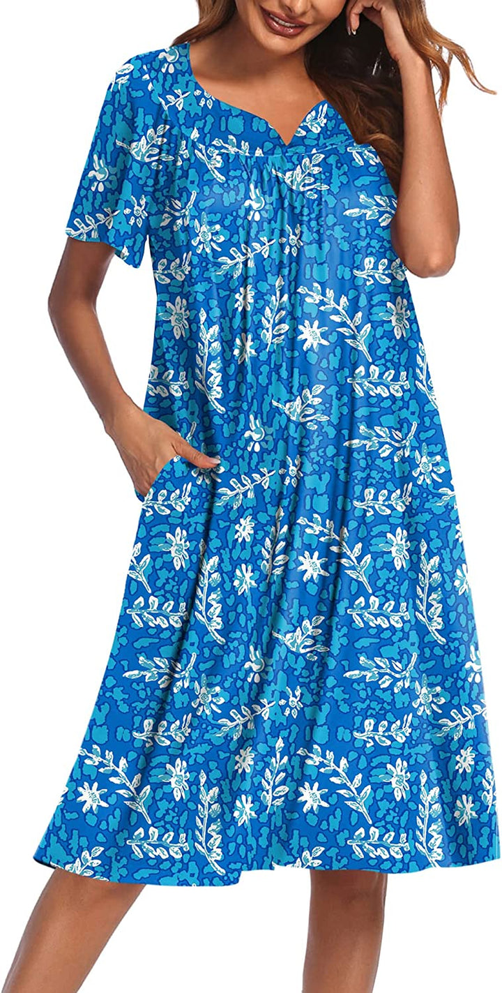 Women'S Nightgown Short Sleeve Lounger House Dress-Casual Pleated Patio Dress with Pockets