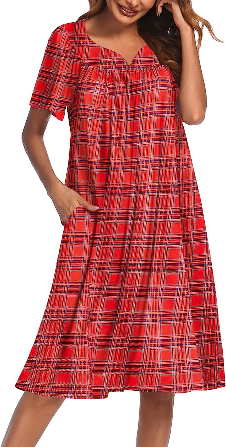 Women'S Nightgown Short Sleeve Lounger House Dress-Casual Pleated Patio Dress with Pockets