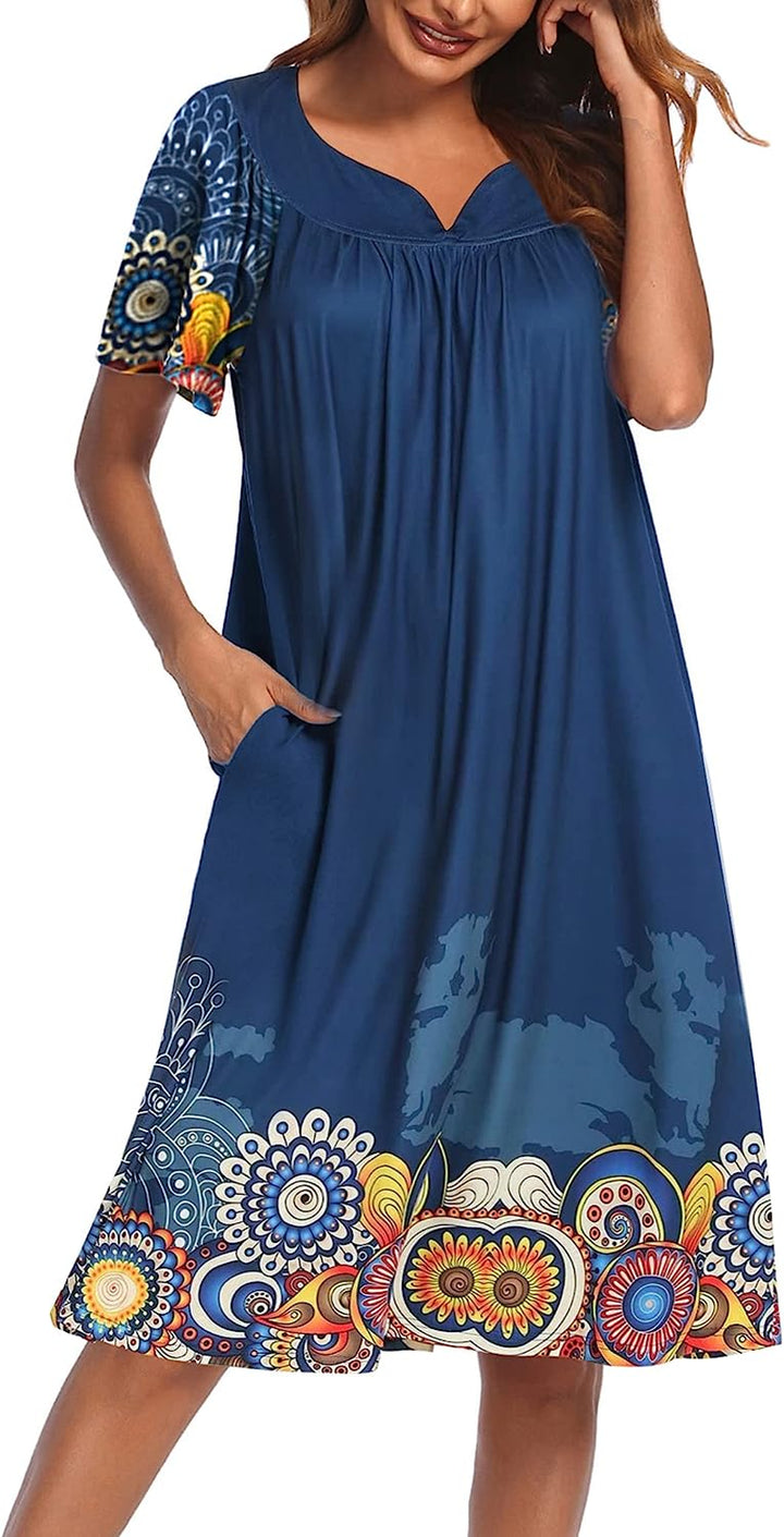 Women'S Nightgown Short Sleeve Lounger House Dress-Casual Pleated Patio Dress with Pockets