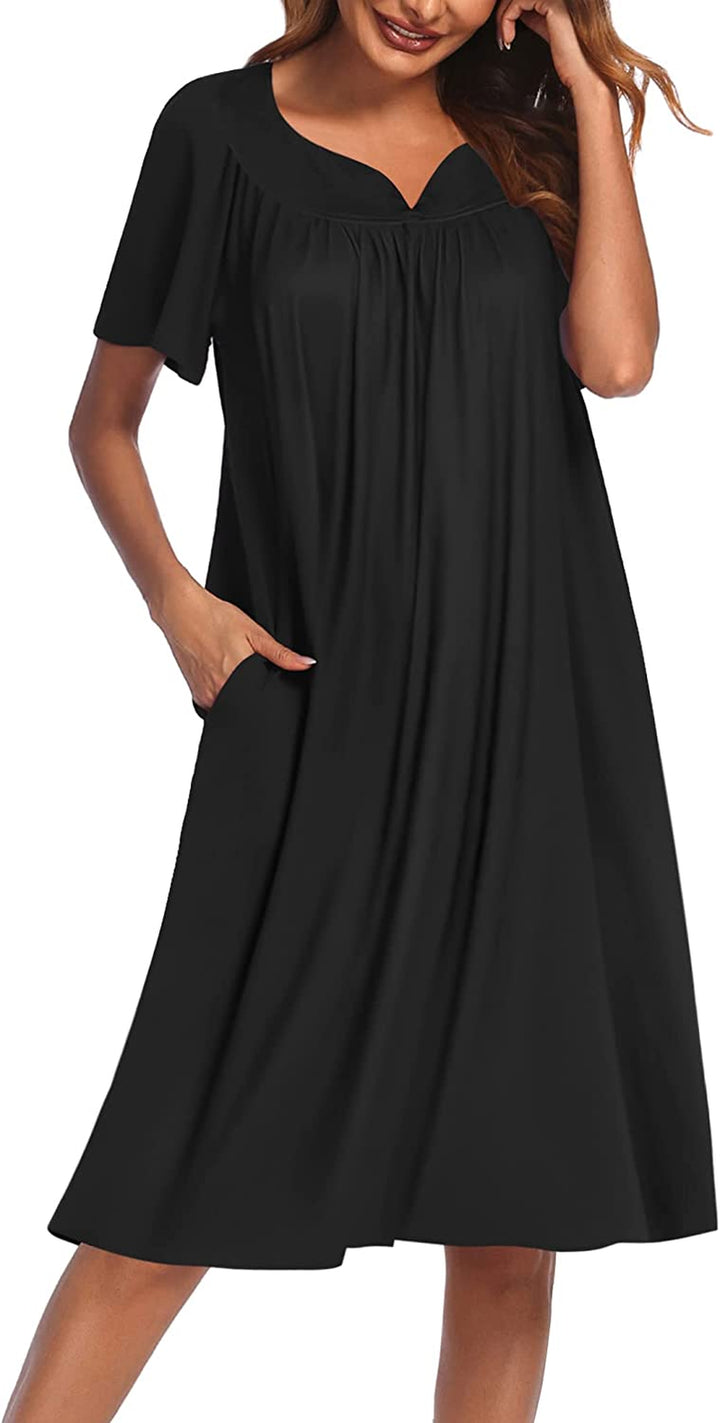 Women'S Nightgown Short Sleeve Lounger House Dress-Casual Pleated Patio Dress with Pockets