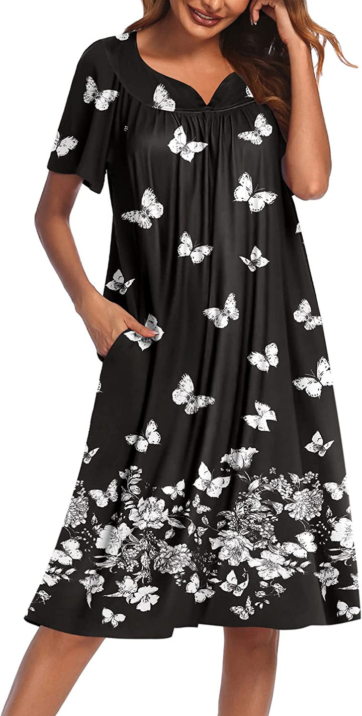 Women'S Nightgown Short Sleeve Lounger House Dress-Casual Pleated Patio Dress with Pockets