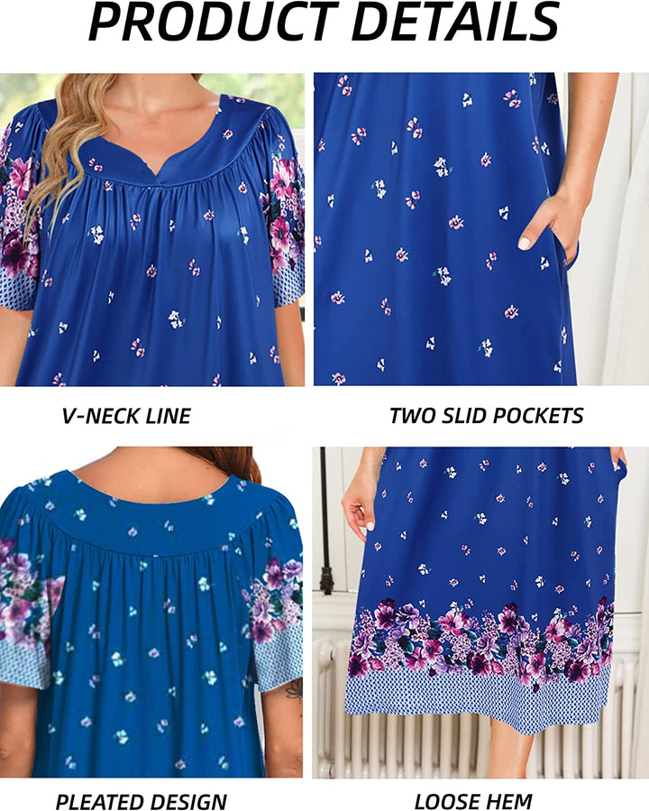 Women'S Nightgown Short Sleeve Lounger House Dress-Casual Pleated Patio Dress with Pockets