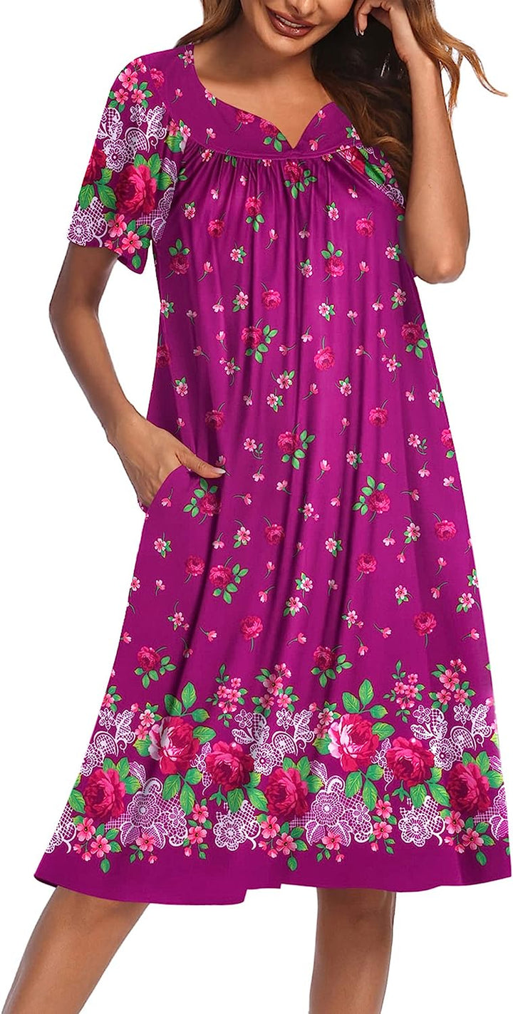 Women'S Nightgown Short Sleeve Lounger House Dress-Casual Pleated Patio Dress with Pockets