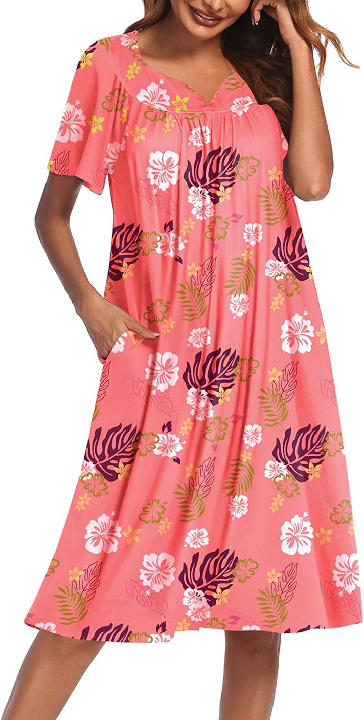 Women'S Nightgown Short Sleeve Lounger House Dress-Casual Pleated Patio Dress with Pockets