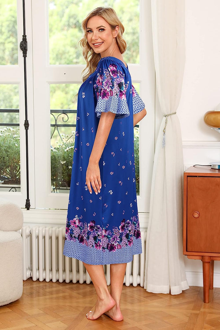 Women'S Nightgown Short Sleeve Lounger House Dress-Casual Pleated Patio Dress with Pockets