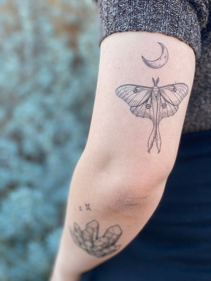 Luna Moth & Crescent Moon Temporary Tattoo
